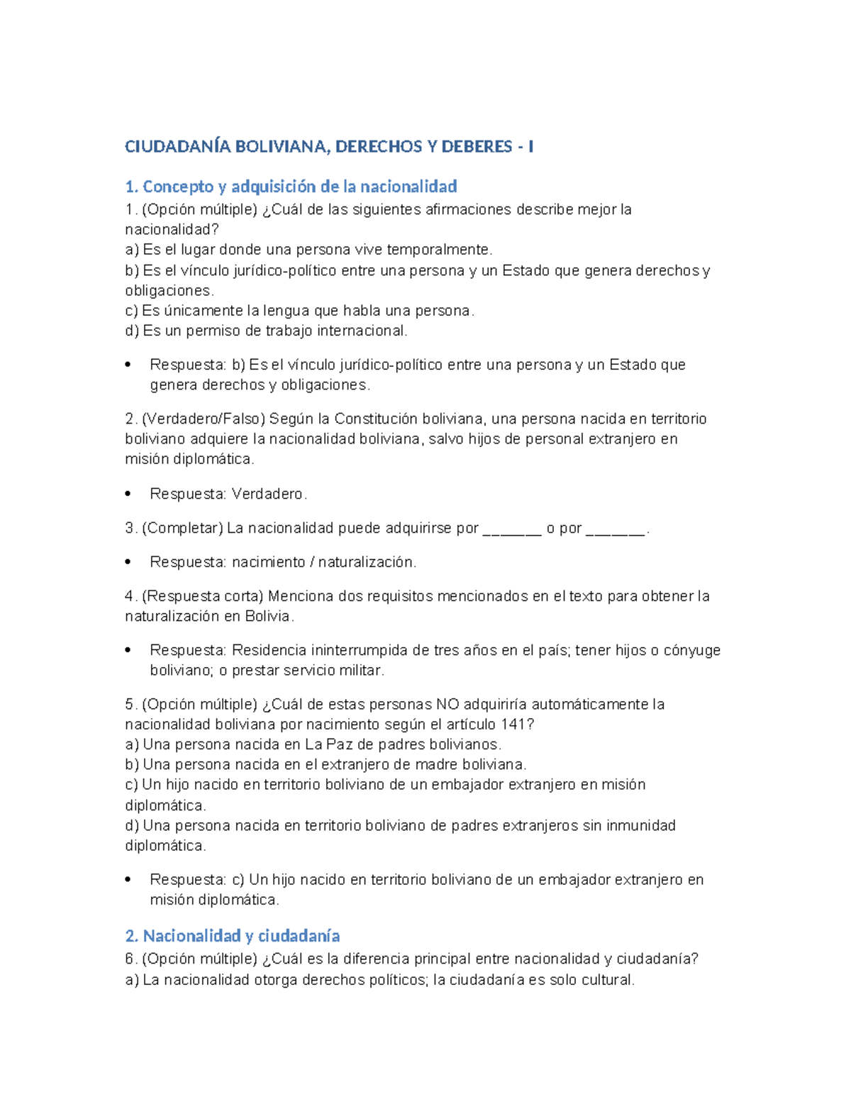 CIUDADANÍA BOLIVIANA: Preguntas y Respuestas I (Opción Múltiple) - Document Preview