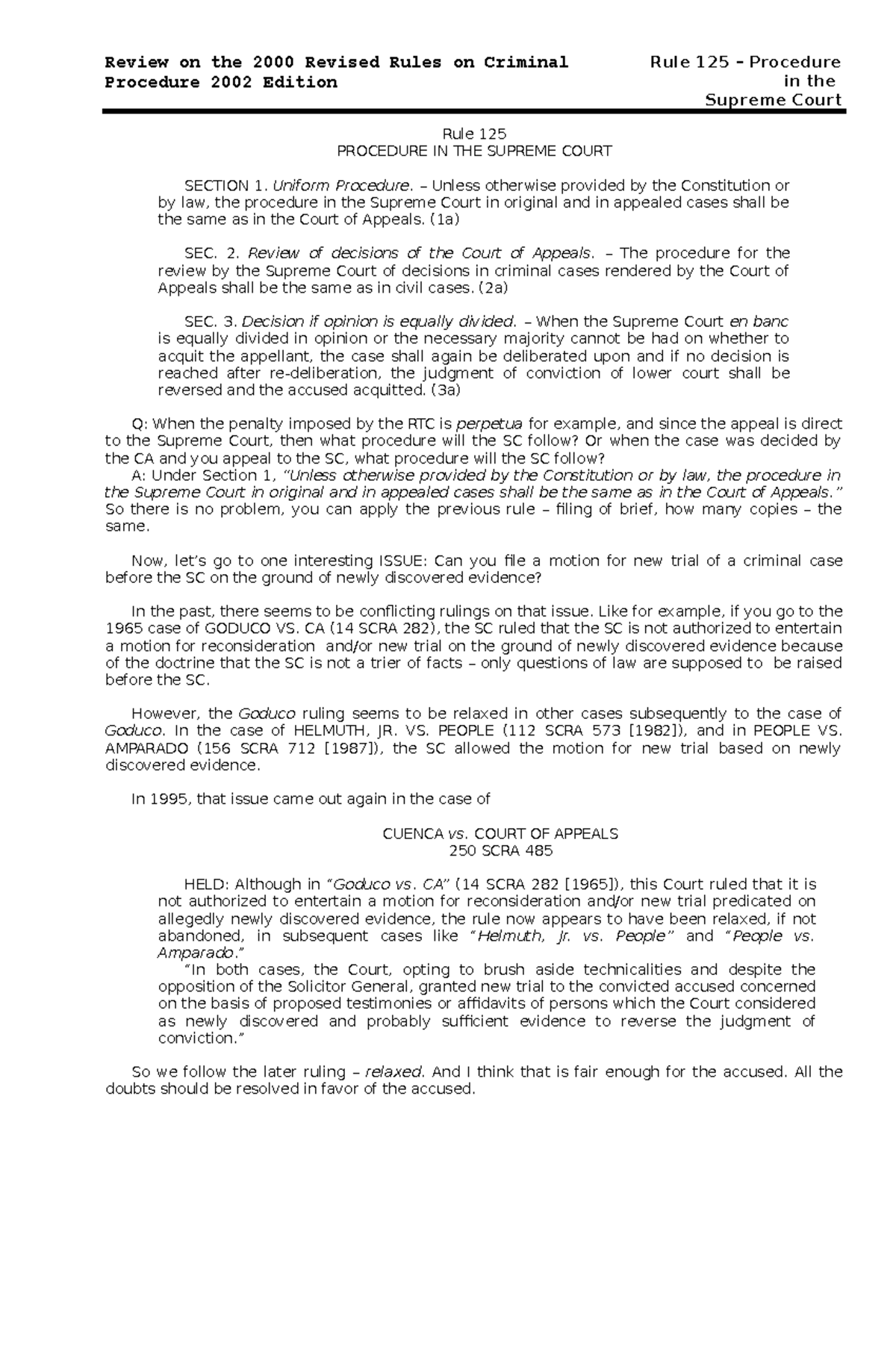 Rule 125-Procedure in the SC - Review on the 2000 Revised Rules on ...