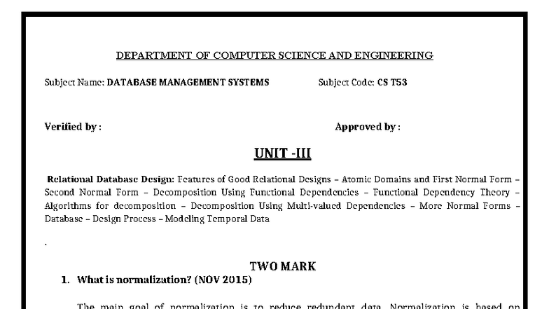 CS T53: Database Management Systems - Unit 3 Complete Reference - Studocu