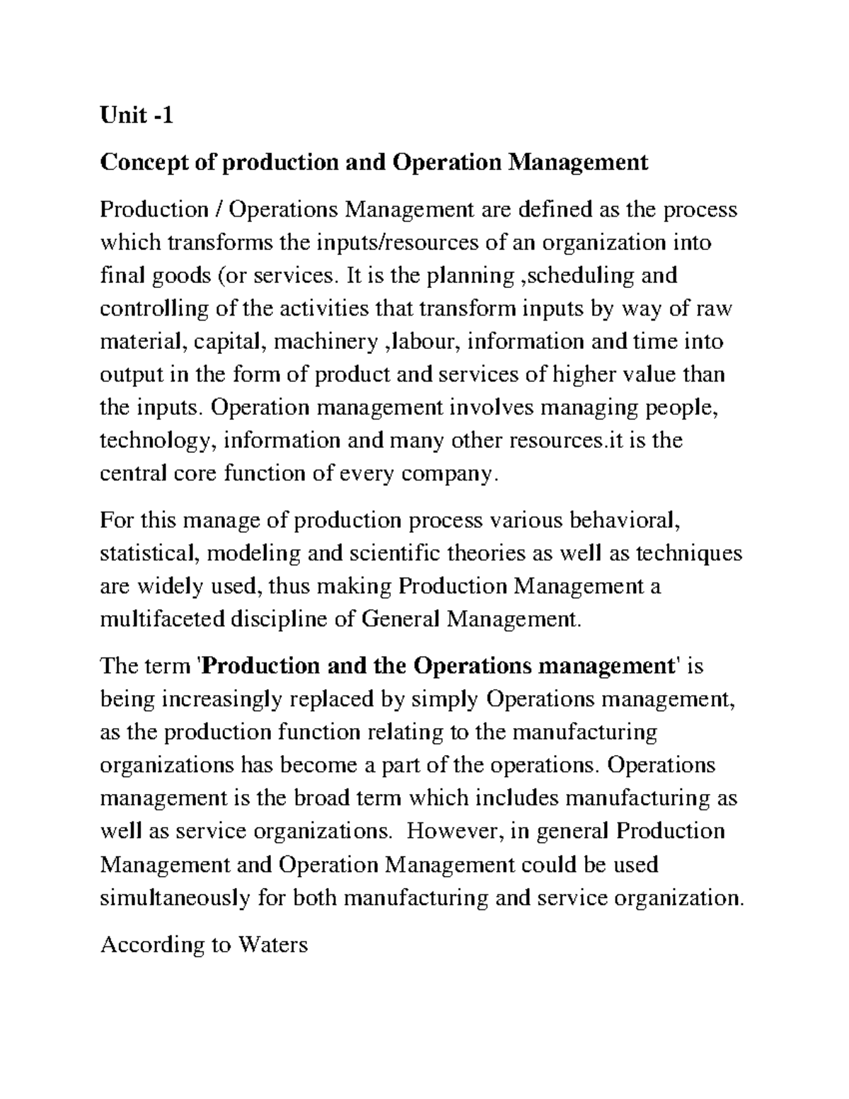 Unit 1: Introduction to Production and Operations Management - Studocu