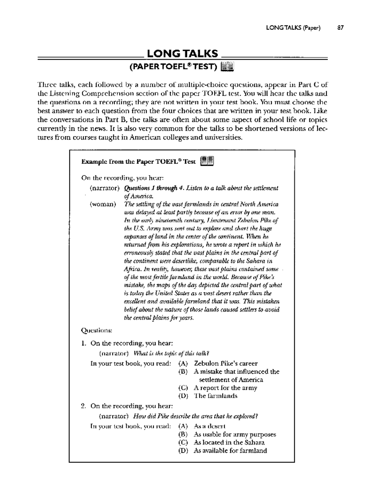 Long Talks (Paper) TOEFL R Test: Listening Comprehension Strategies ...
