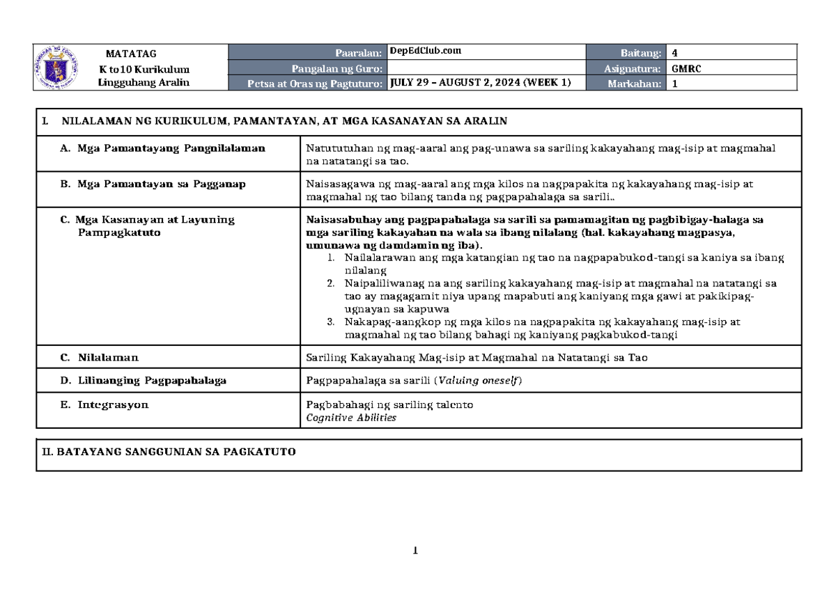 DLL Matatag GMRC 4 Q1 W1 - Weekly Lesson Plan for K to 10 - Studocu