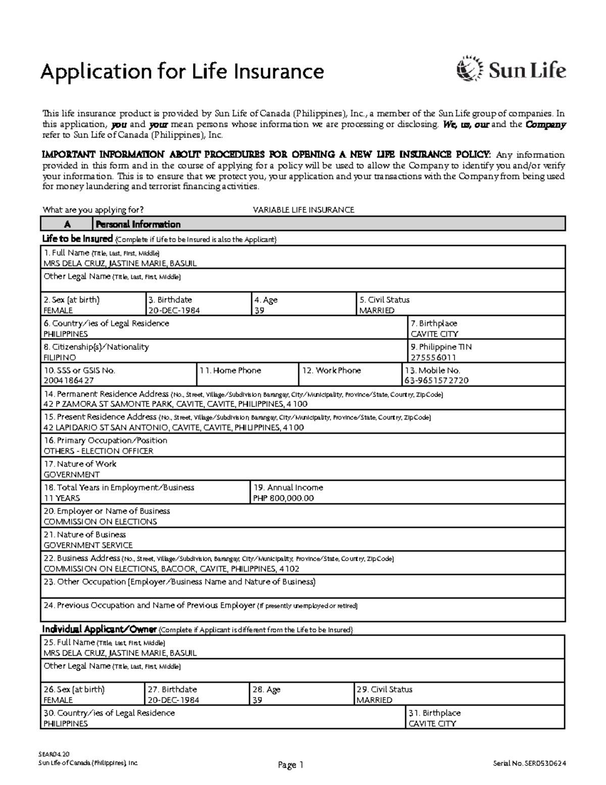 Application for Variable Life Insurance - Sun Life SEAR04.20 - Studocu