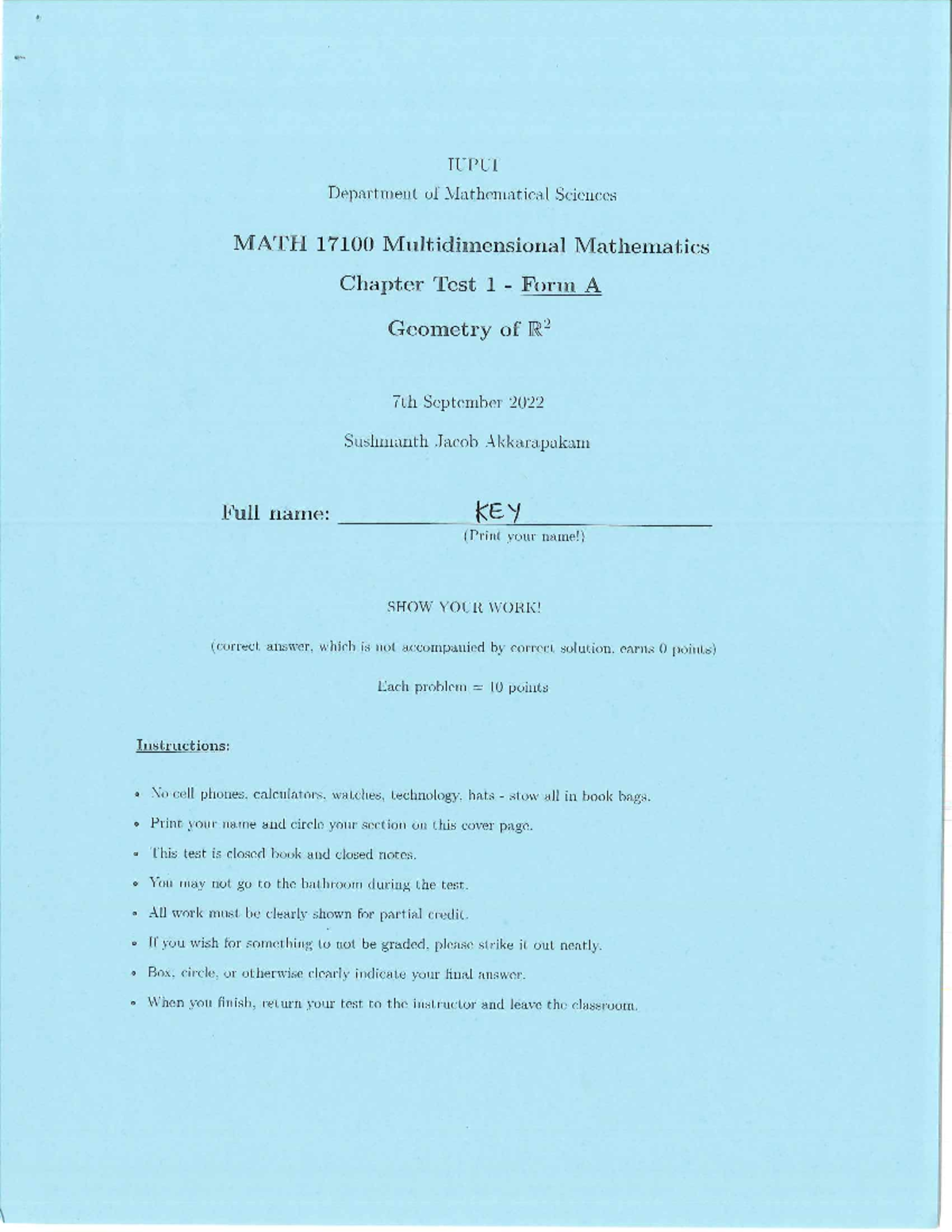 MATH 17100 Chapter Test 1 Form A - Key & Solutions Overview - Studocu