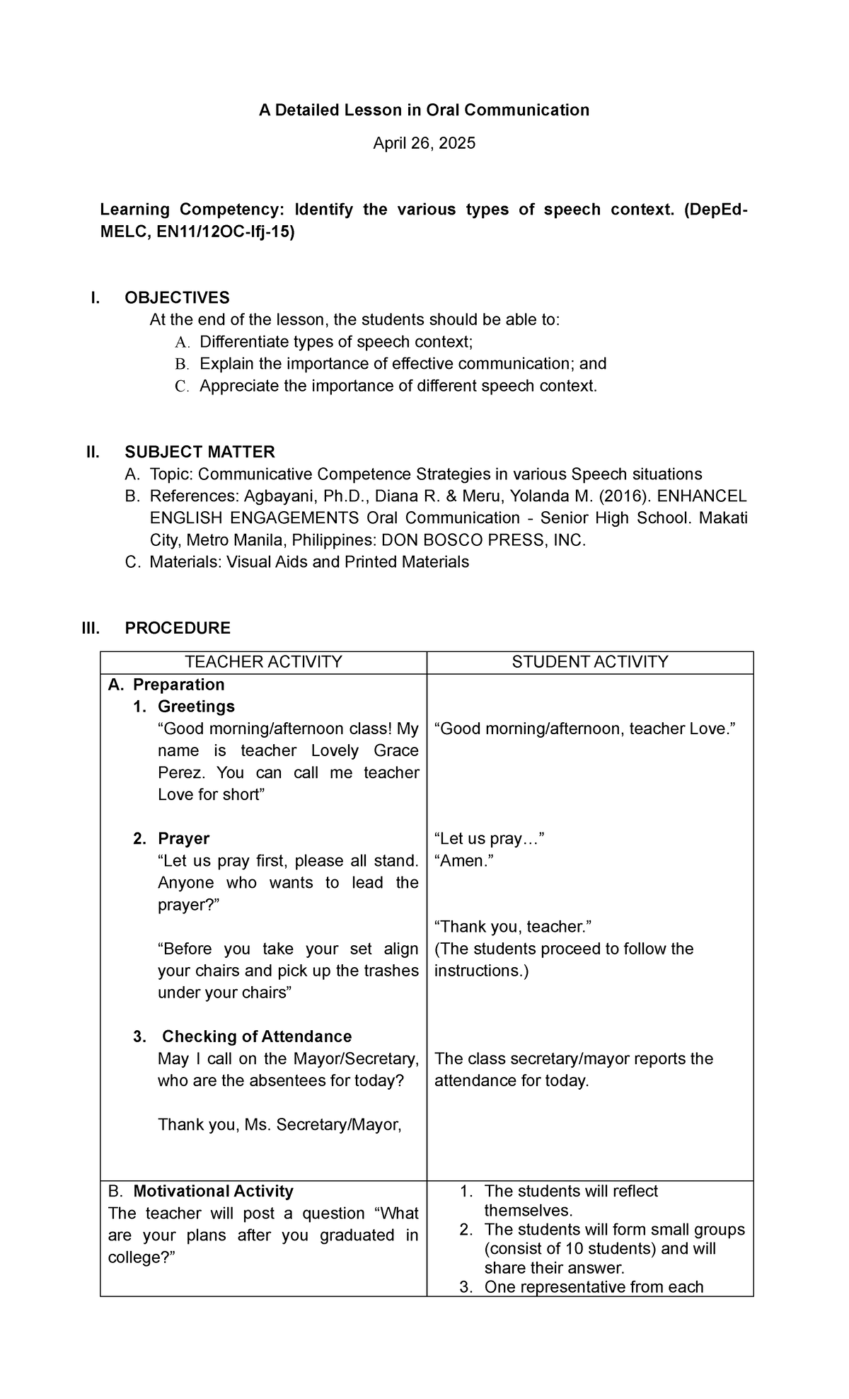 EN11/12OC-Ifj-15: Lesson Plan on Speech Context Types and Strategies ...