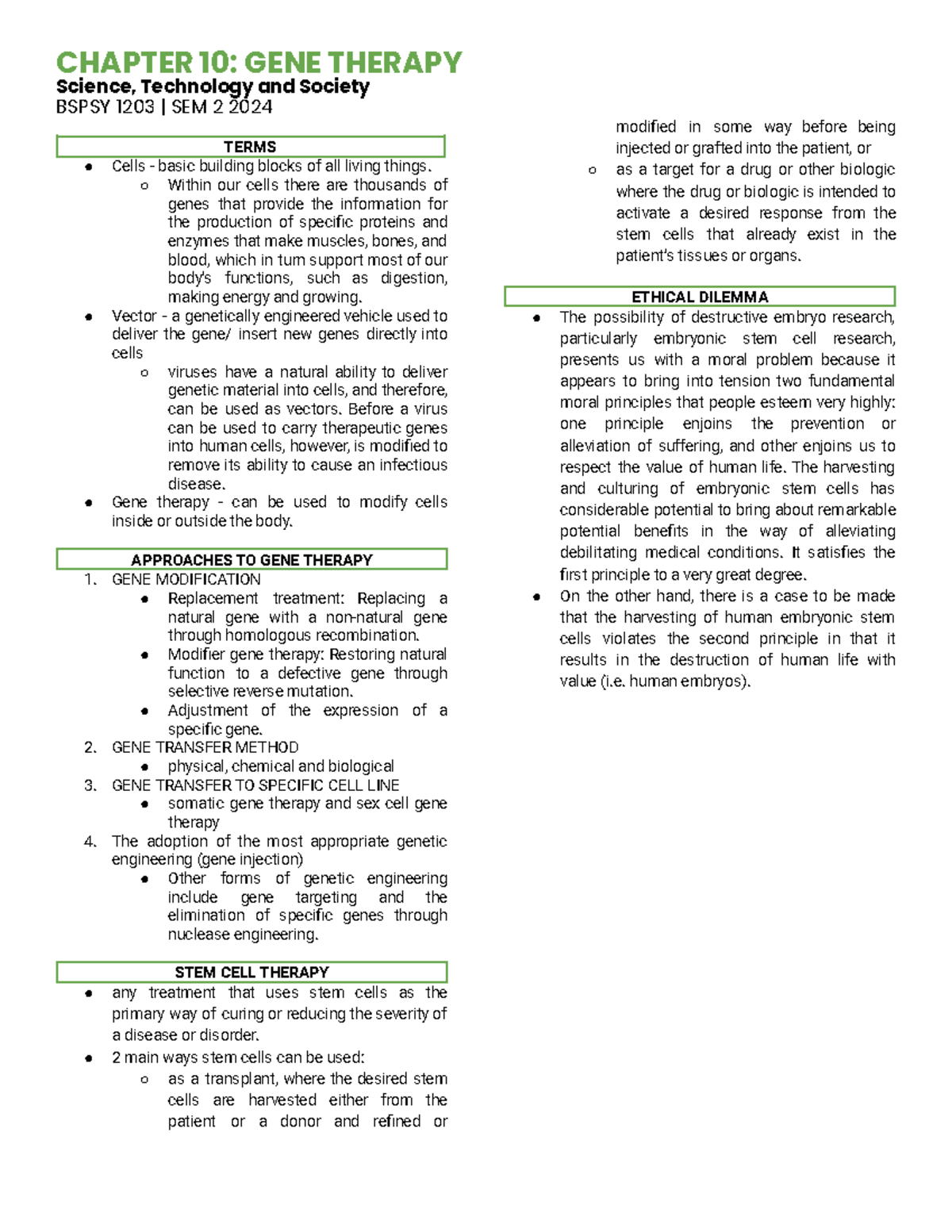 BSPSY 1203 - Chapter 10: Gene Therapy Overview and Ethical Implications ...
