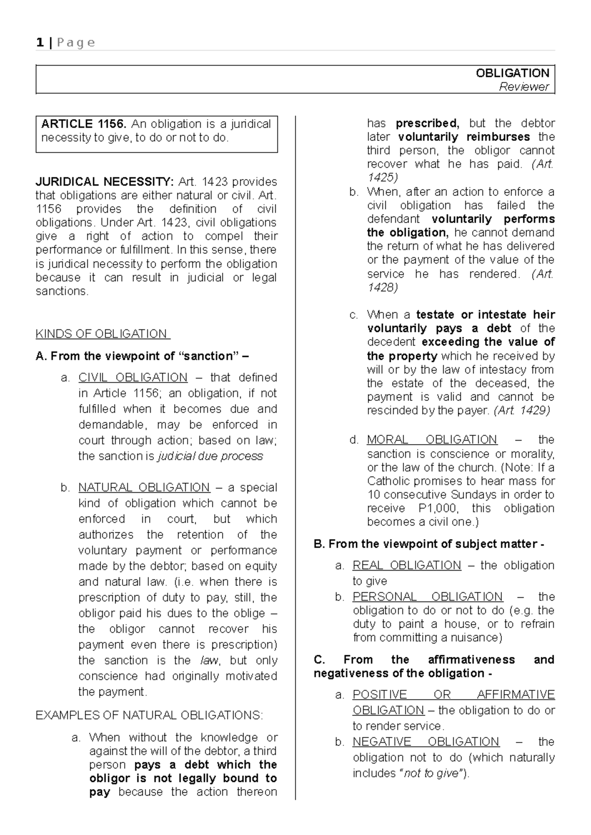 OBLIGATION Law Reviewer: Key Concepts and Articles 1156-1162 - Studocu