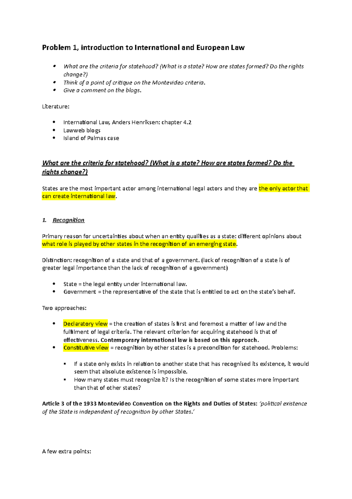 International/EU Law Problem 1: Criteria for Statehood Analysis ...