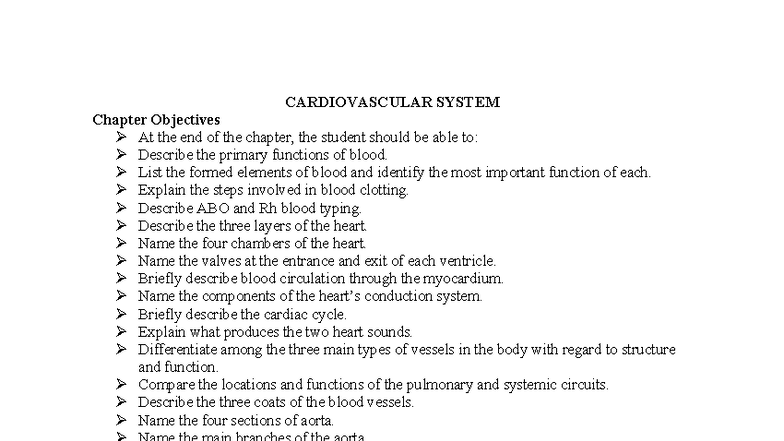 CARDIOVASCULAR SYSTEM Chapter Objectives and Key Concepts - Studocu