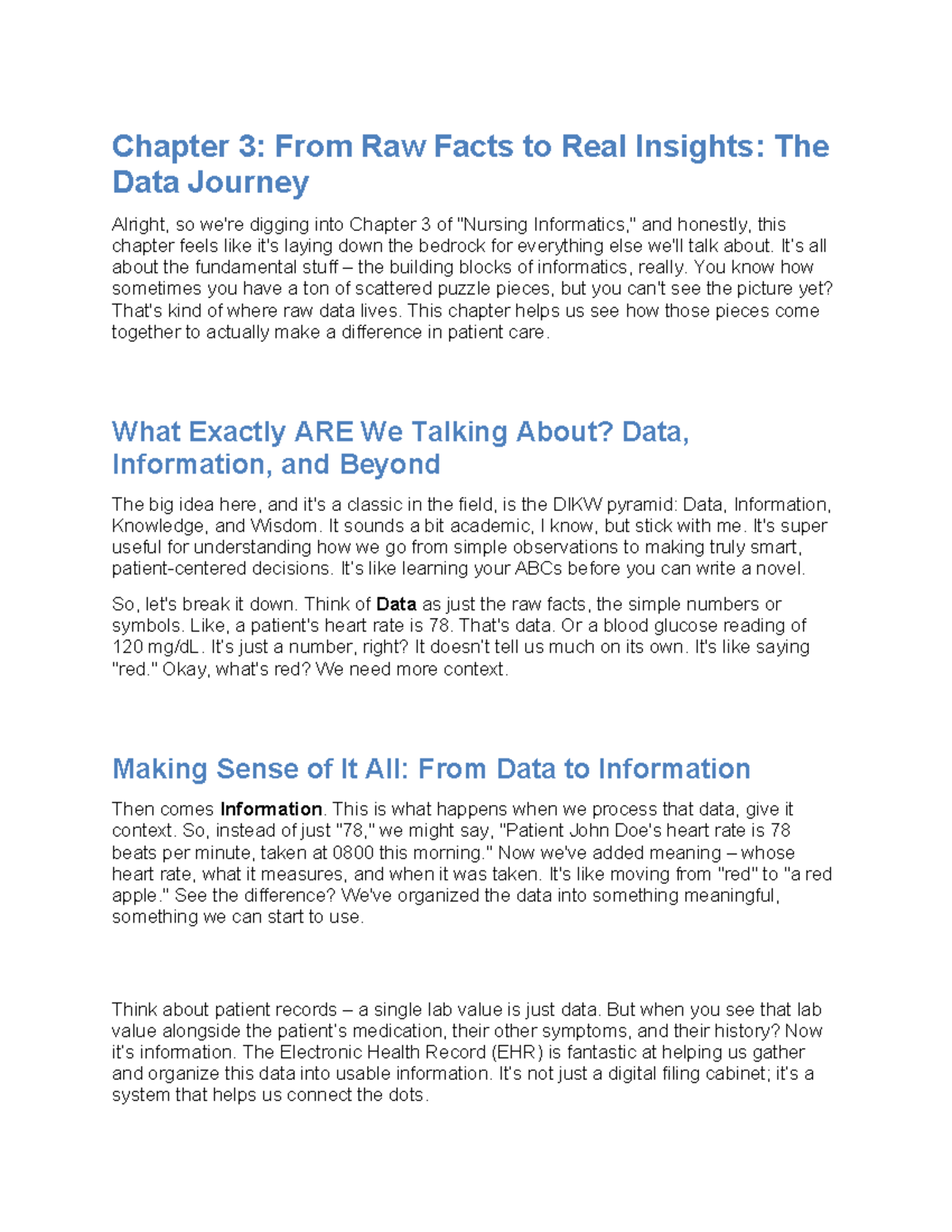 Nursing Informatics CH 3: From Data to Insights in Patient Care - Studocu