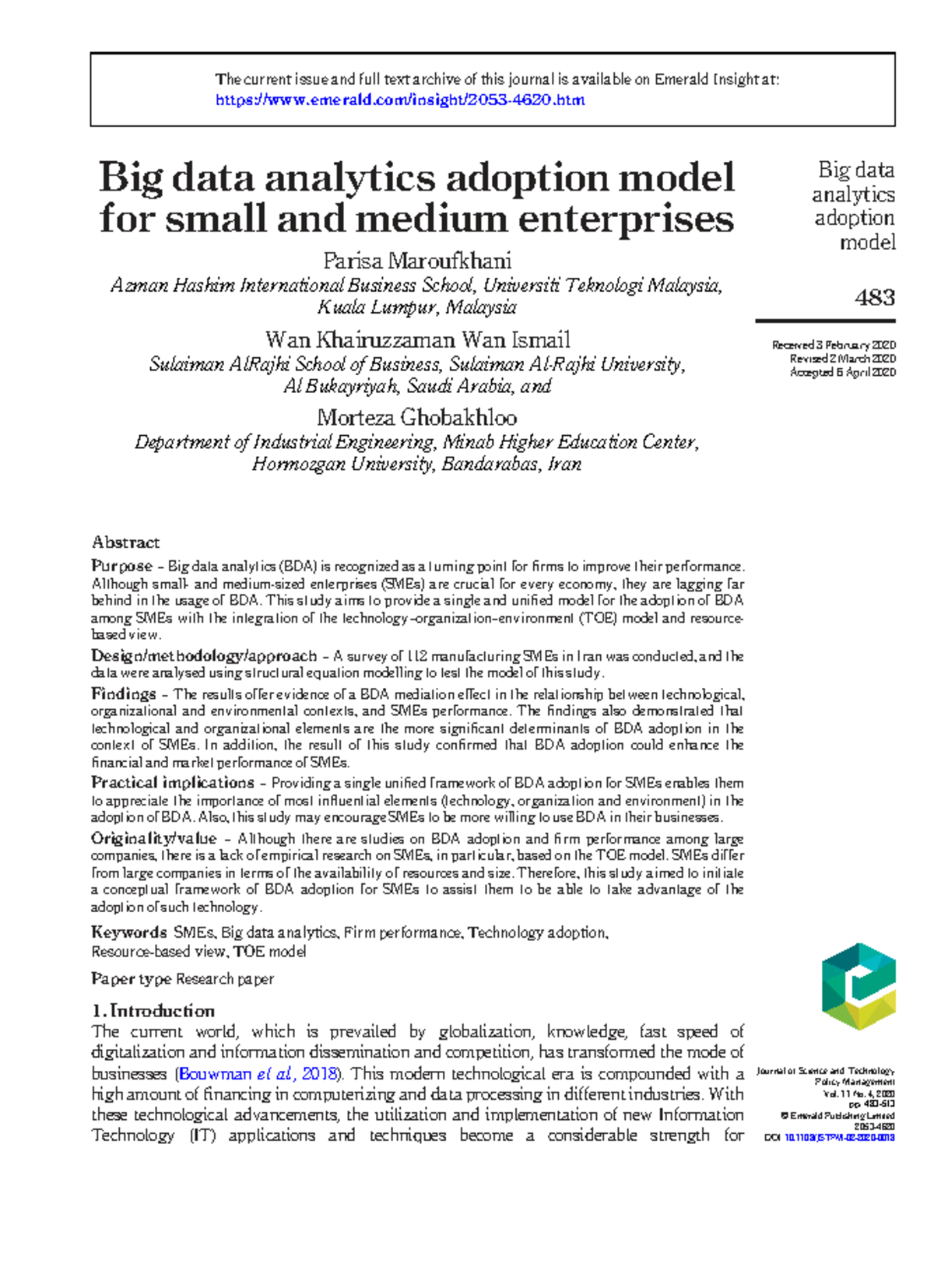 Big Data Analytics Adoption Model for SMEs: Insights and Implications ...