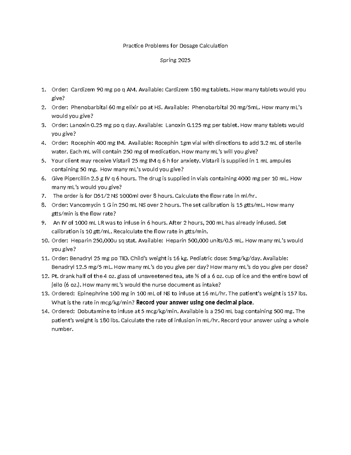 2410 Practice Problems for Dosage Calculation - Spring 2025 - Studocu