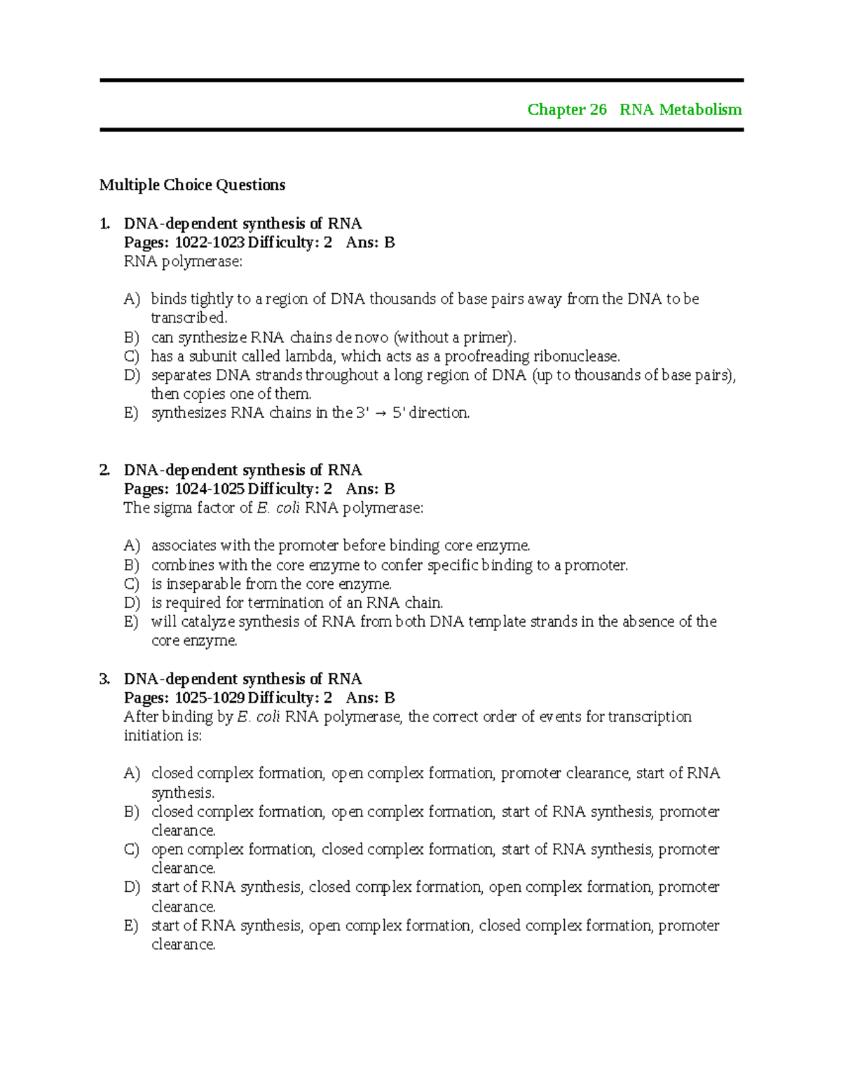 RNA Metabolism MCQs & Short Answers - Ch 26 Bio 101 - Studocu