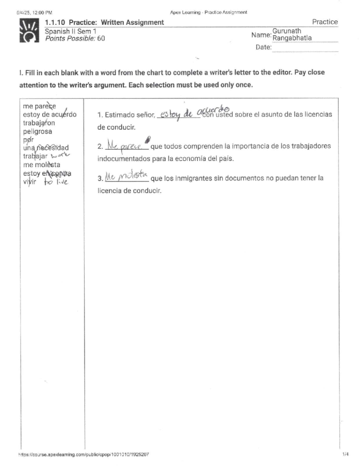 Spanish II Sem 1: 1.1.10 Practice Assignment Answers - Studocu
