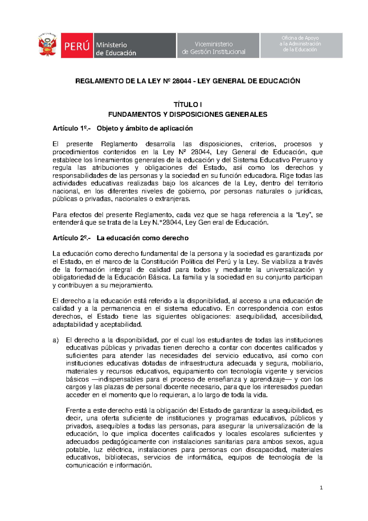 Reglamento de la Ley General de Educación N° 28044: Fundamentos y ...