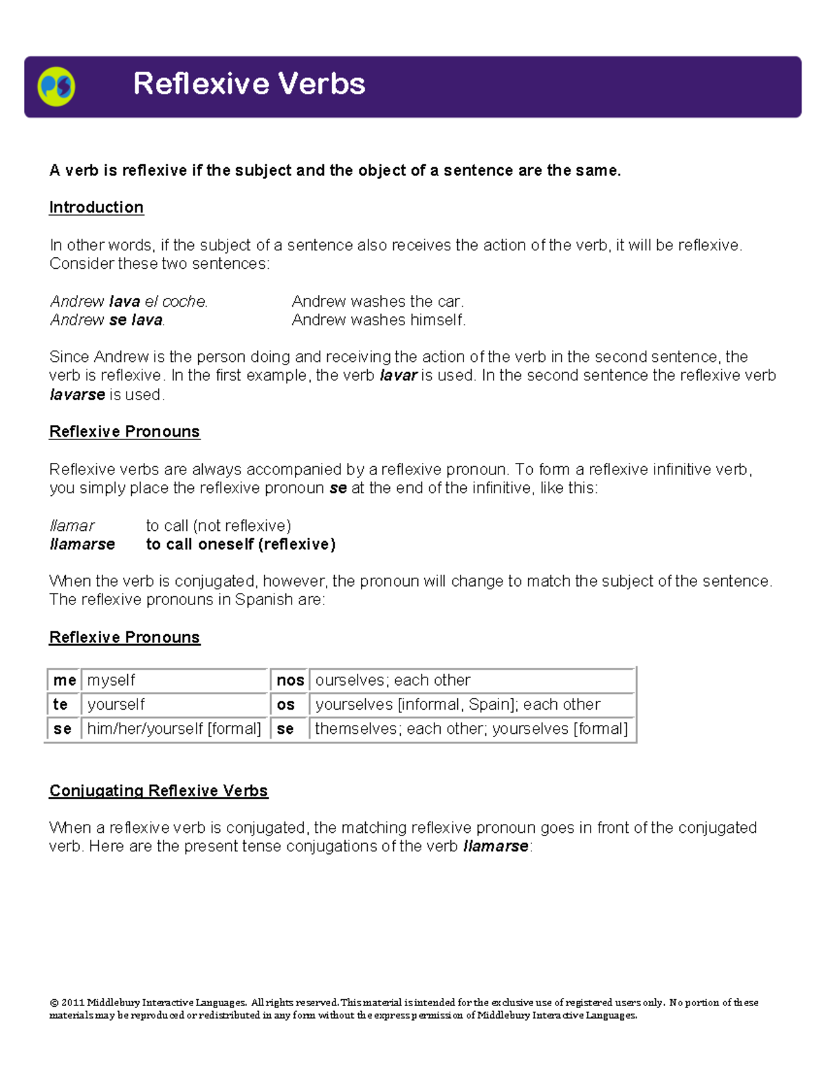 Reflexive verbs notes - idk - © 2011 Middlebury Interactive Languages ...