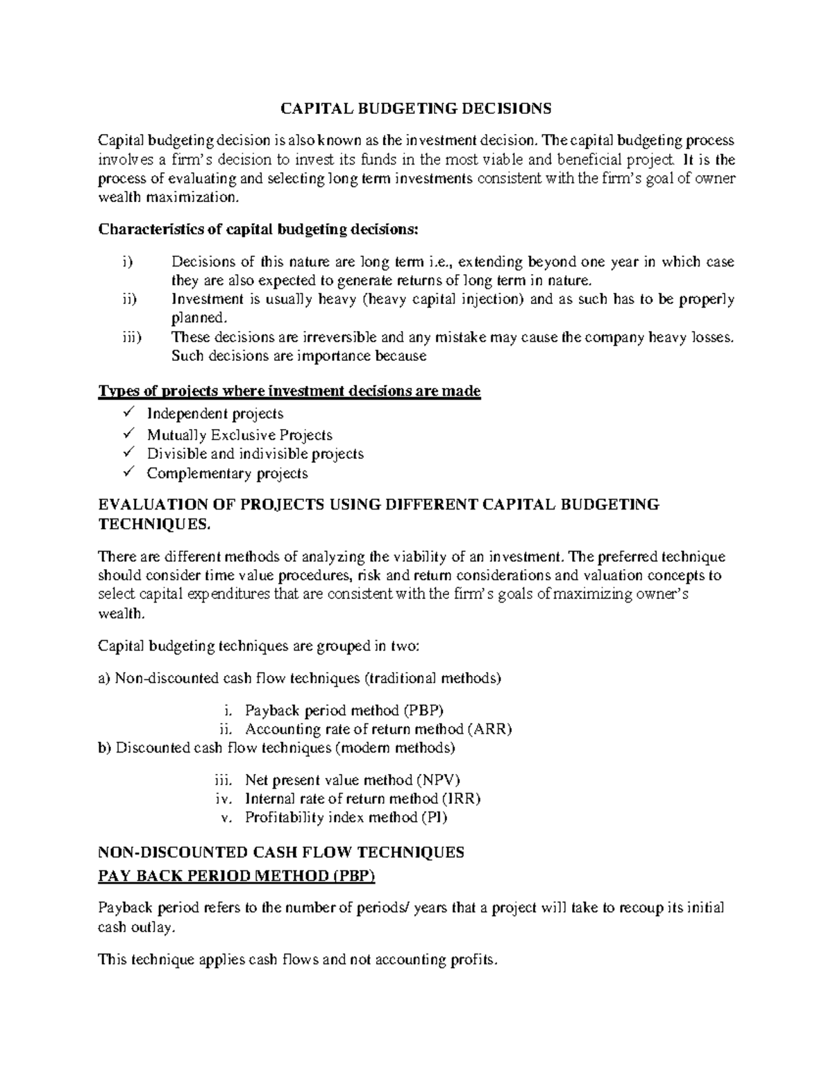 Capital Budgeting Techniques: FM - Financial Management Notes - Studocu