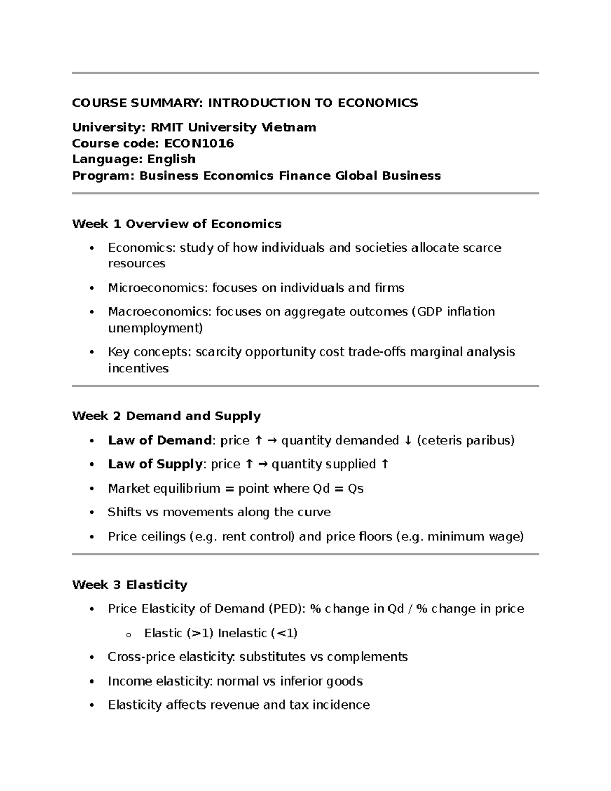 ECON1016: Course Summary for Introduction to Economics - Studocu