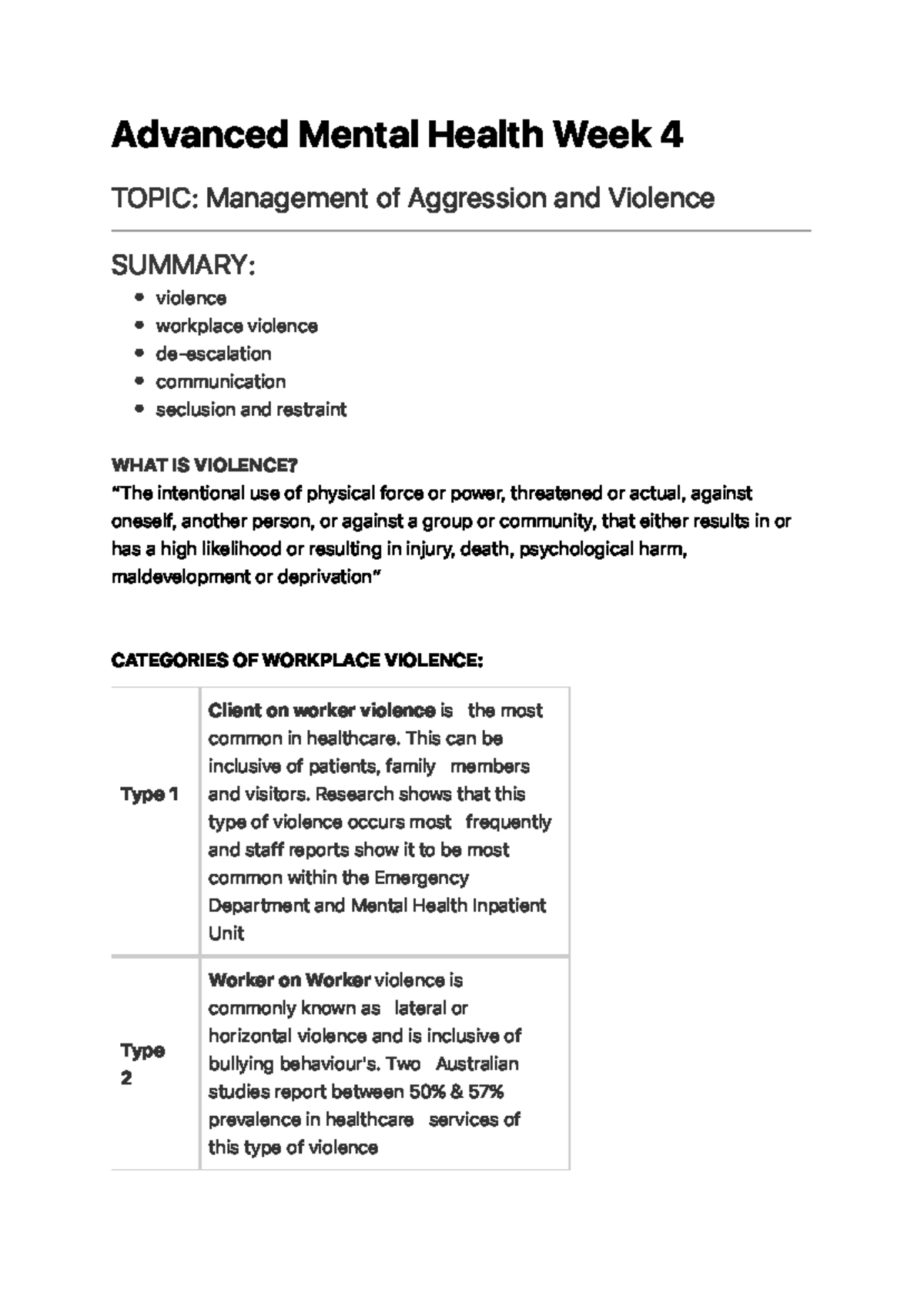 Advanced Mental Health MDPT 220: Managing Aggression & Violence - Week ...