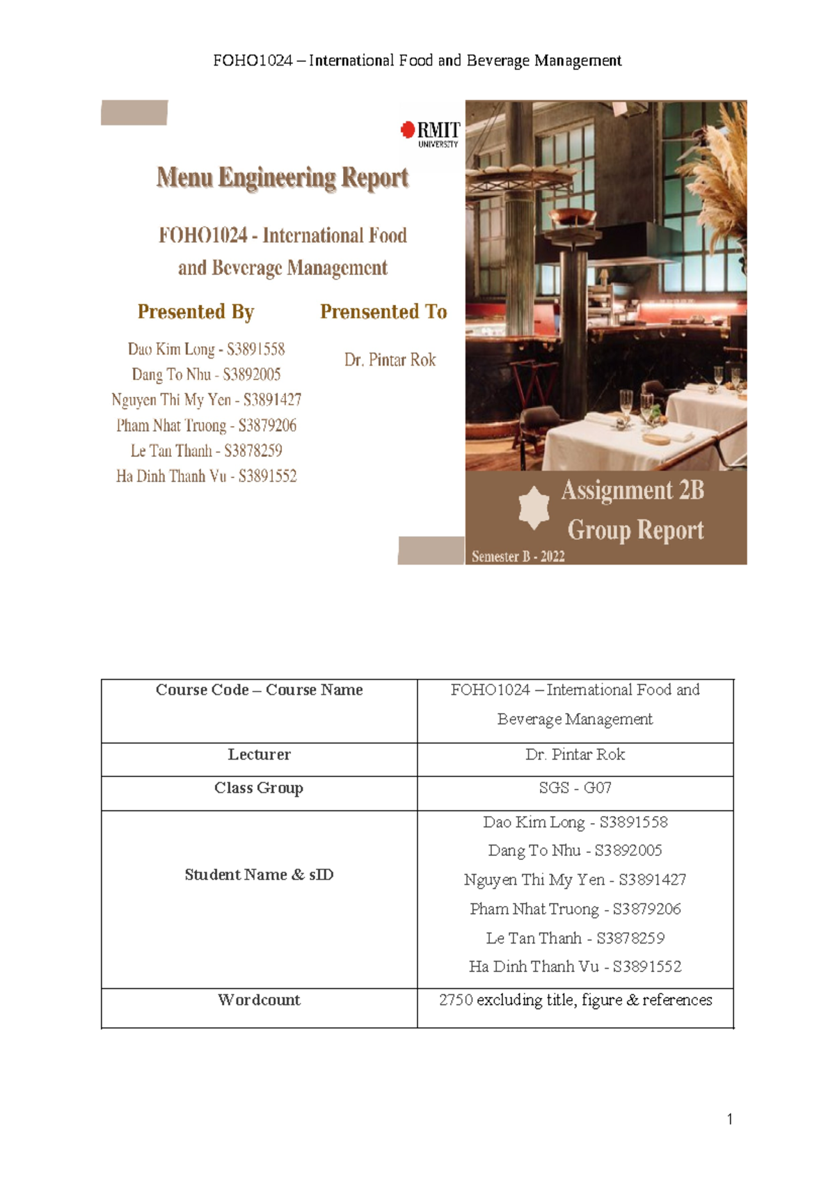 2B Menu Engineering Fn B - Course Code – Course Name FOHO1024 ...