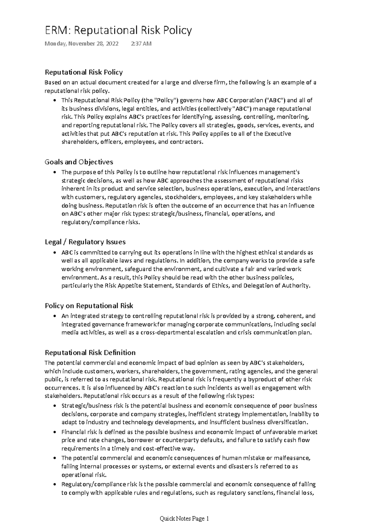 ERM Reputational Risk Policy for ABC Corporation: Governance & Strategy ...