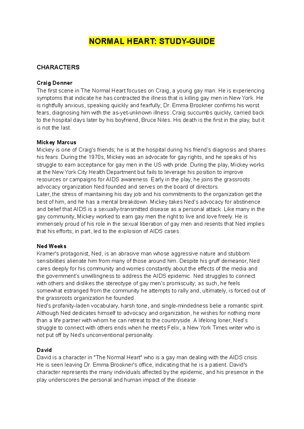 Normal Heart Study Guide: Key Characters and Their Impact - Studeersnel