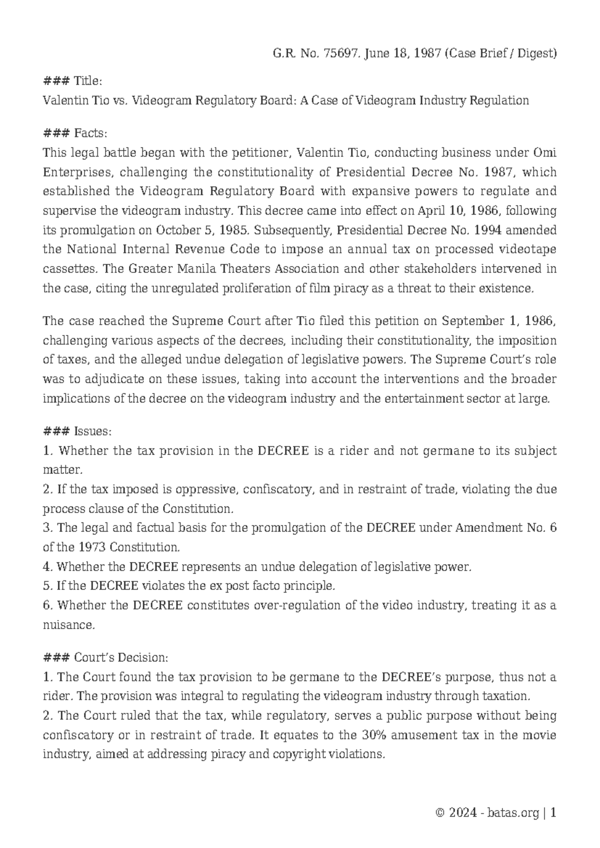 G.R. No. 75697 Case Brief Digest: Valentin Tio vs. Videogram Regulatory ...