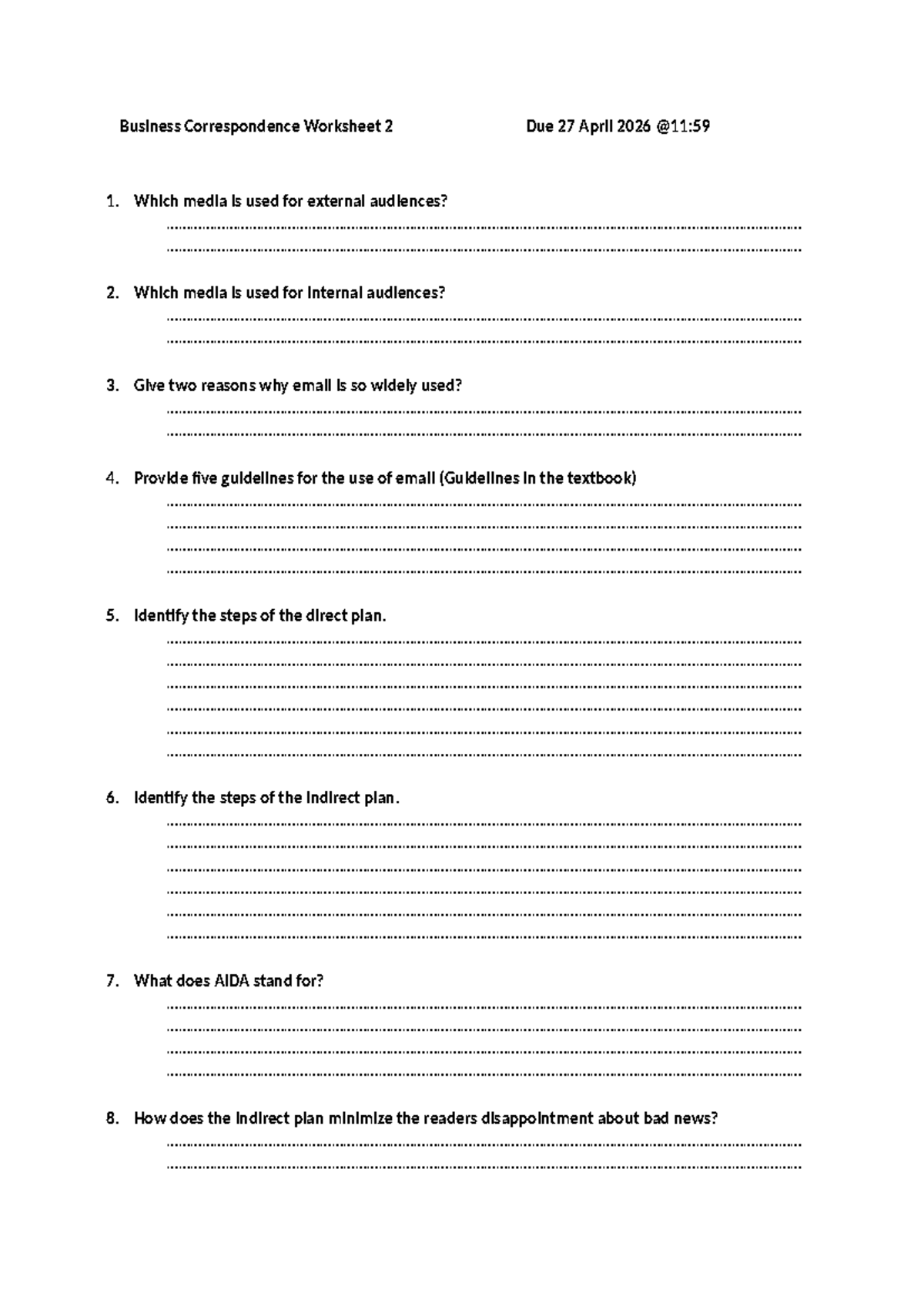 Business Correspondence Worksheet 2: Media & Email Guidelines - Studocu