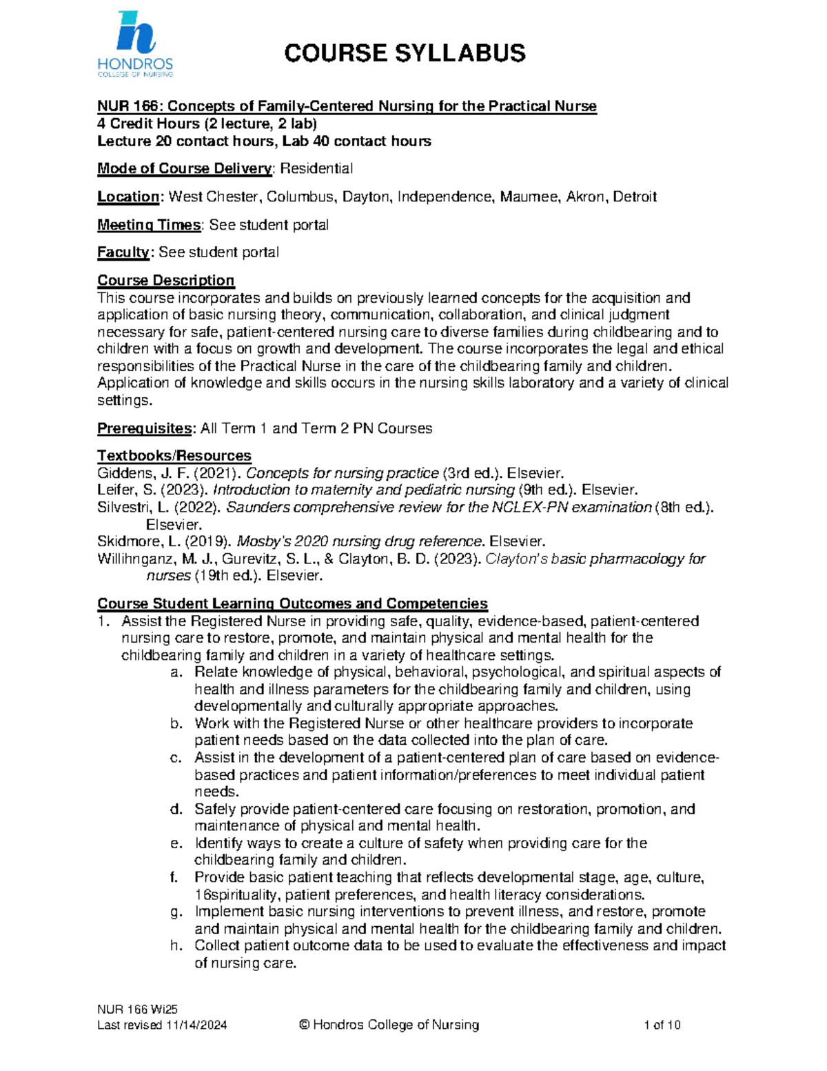 NUR 166: Concepts of nursing for the practical nurse syllabus Wi25 ...