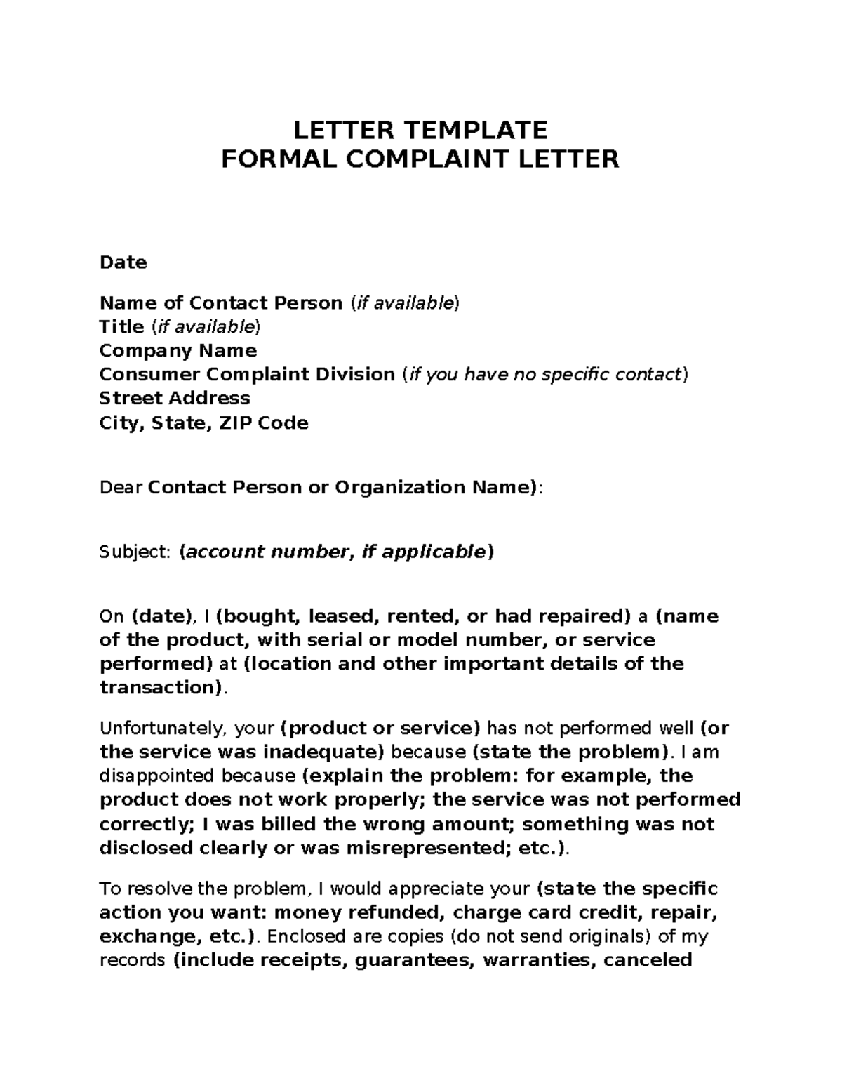 Formal Complaint Letter Template - #2z47mby - 06-22-01 - Studocu