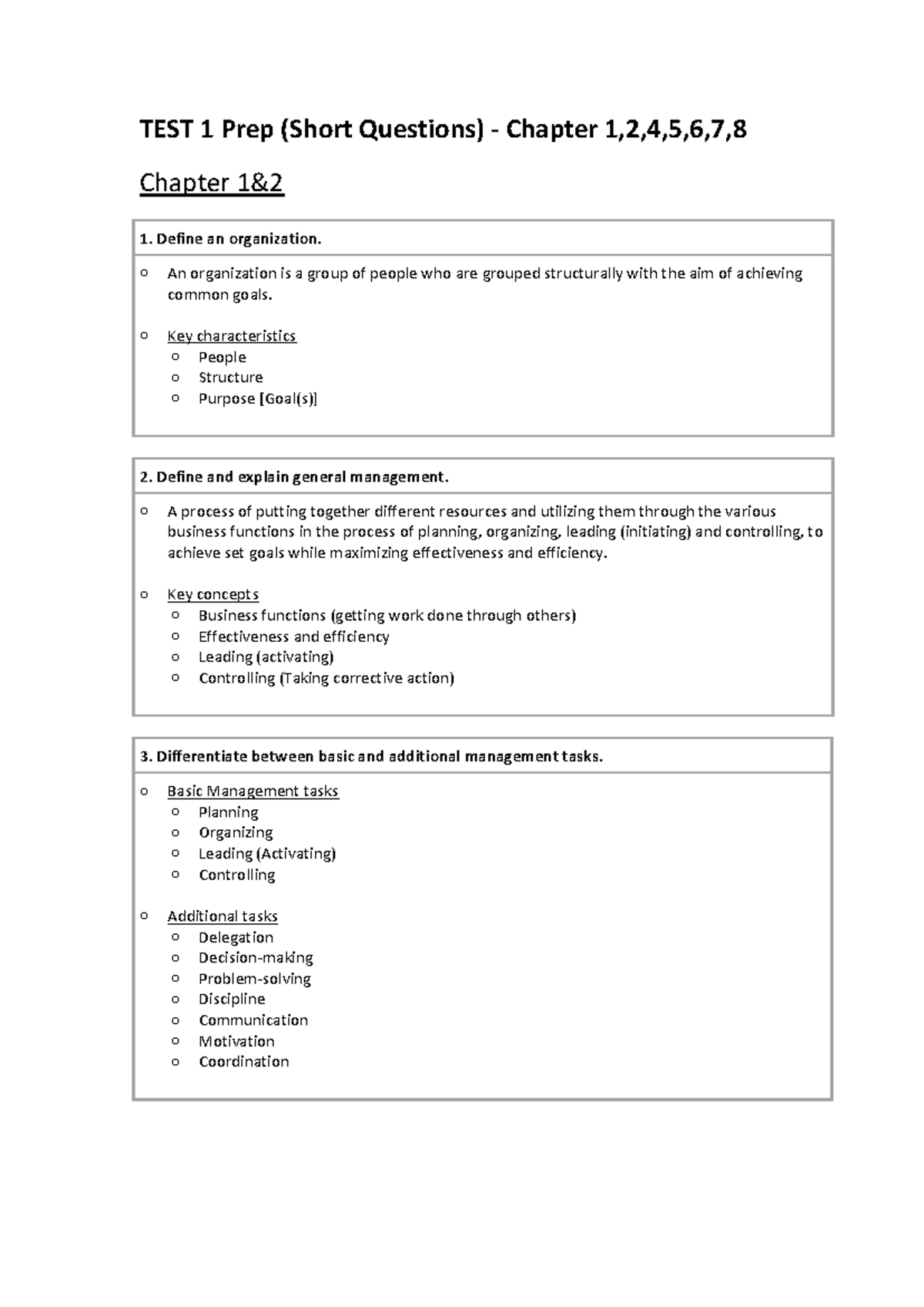Test 1 Prep - Short Questions (Chapters 1-8) on Management Concepts ...