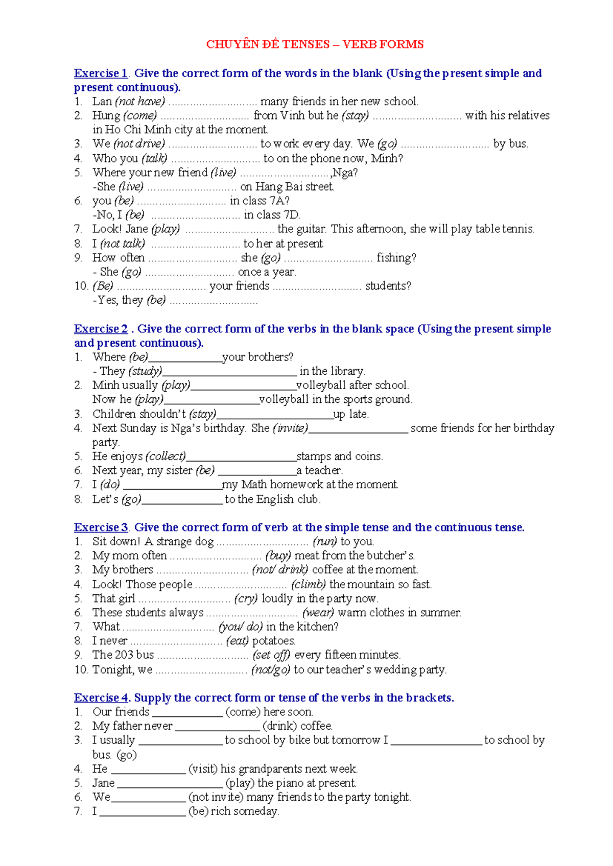 Chuyên Đề Tenses HS: Present Simple & Continuous Exercises - Studocu