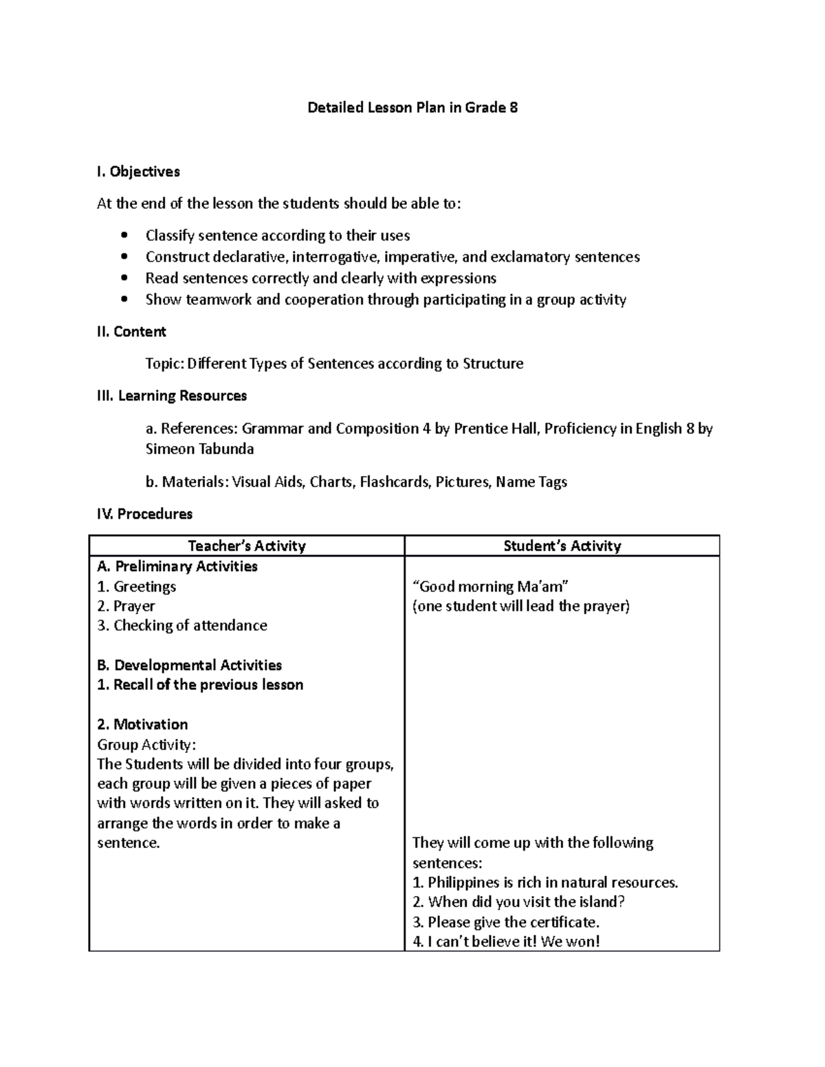 Detailed Lesson Plan: Types of Sentences for Grade 8 - Studocu