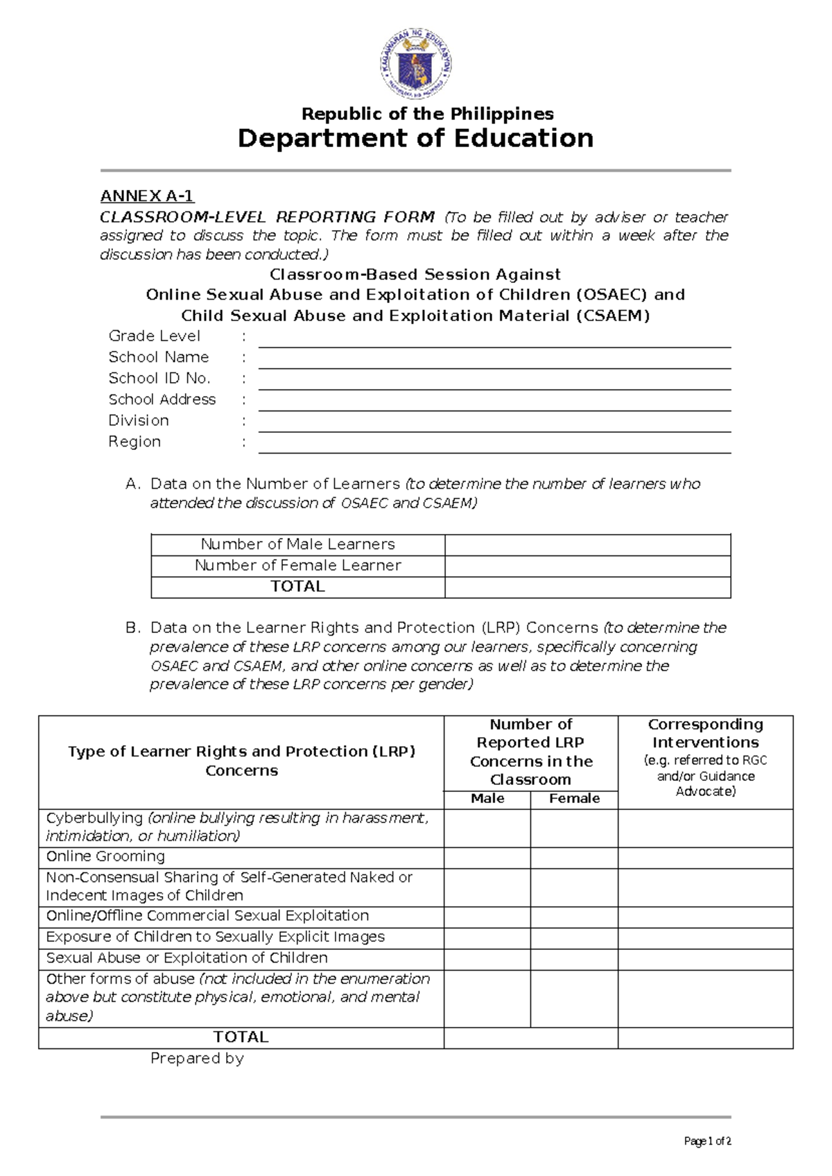 Classroom Form for Reporting Learner Rights & Protection Issues - Studocu