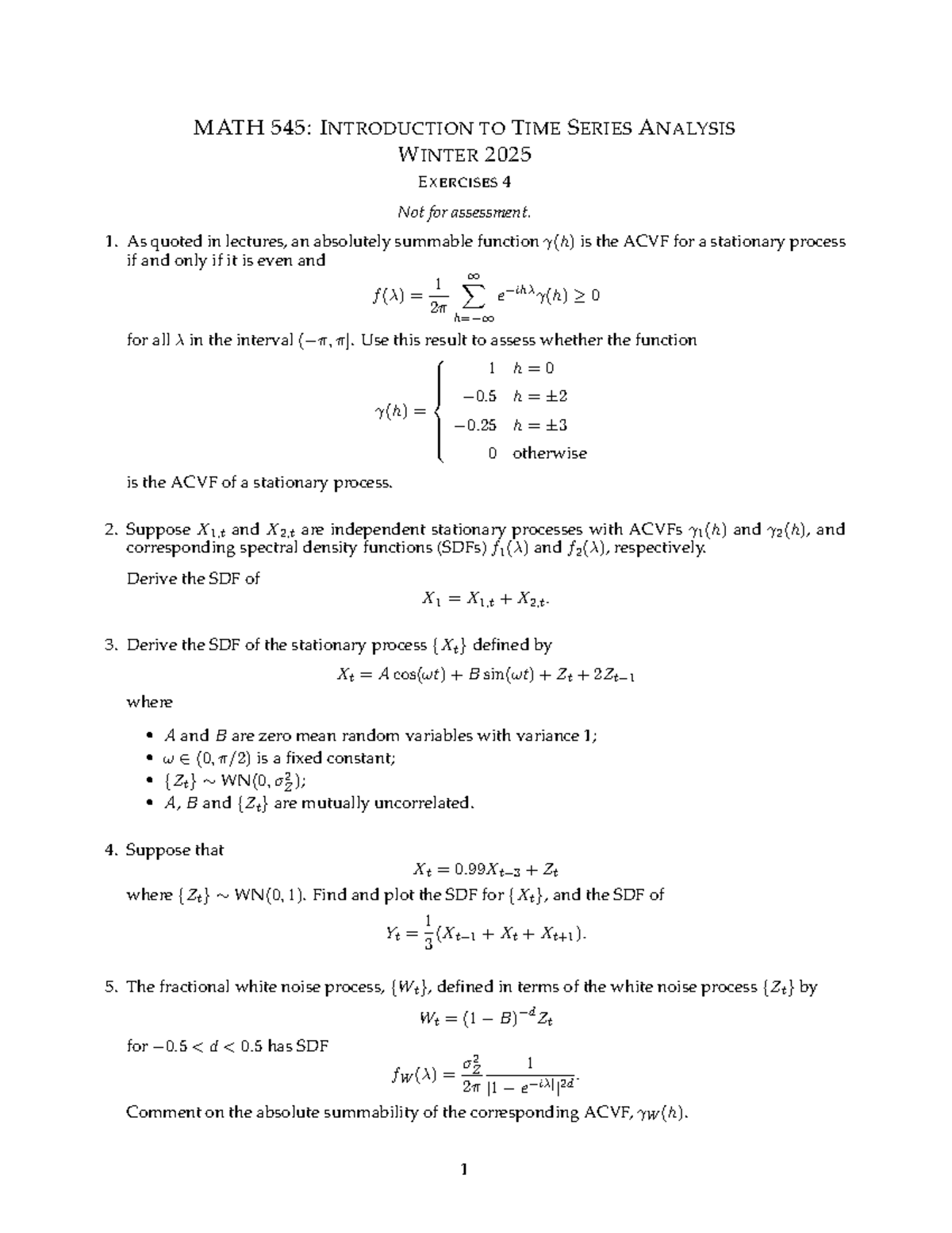 MATH 545: Winter 2025 Time Series Analysis Exercises 4 - Studocu