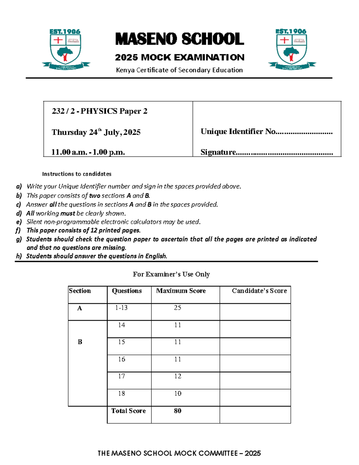 MASENO SCHOOL 2025 MOCK EXAM PHYSICS 232/2 Paper 2 - Studocu