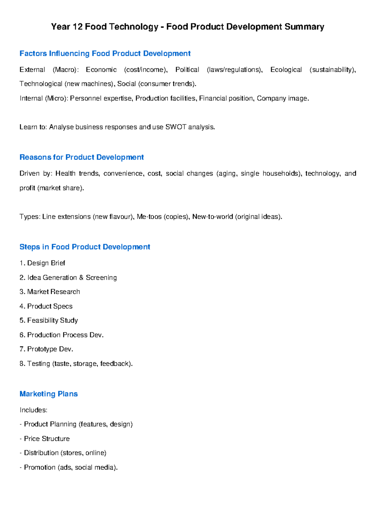 Year 12 Food Technology: Food Product Development Summary Guide - Studocu