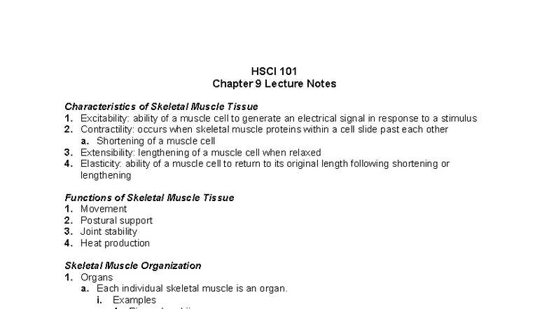 HSCI 101 Chapter 9 Lecture Notes: Skeletal Muscle Tissue Overview - Studocu