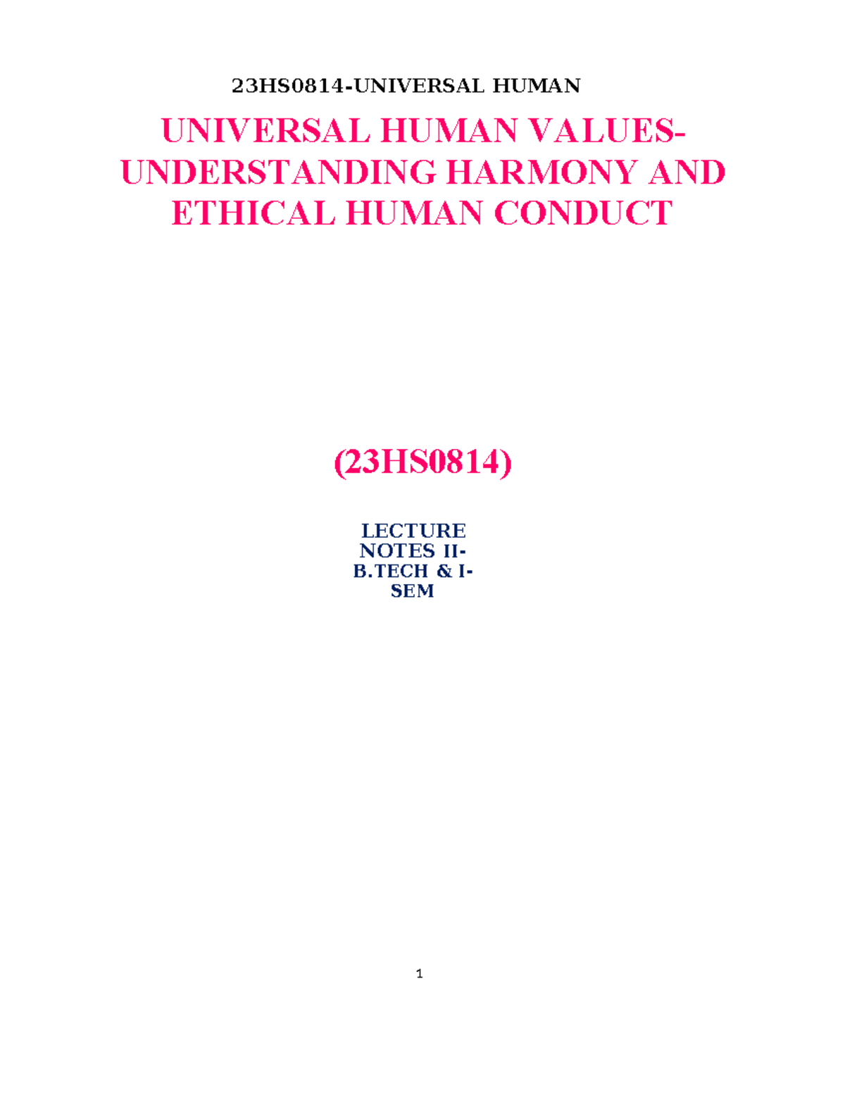 23HS0814 - Lecture Notes on Universal Human Values and Ethical Conduct ...