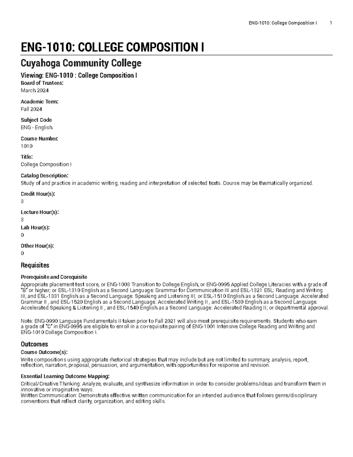 ENG-1010-5 - notes - ENG-1010: COLLEGE COMPOSITION I Cuyahoga Community ...