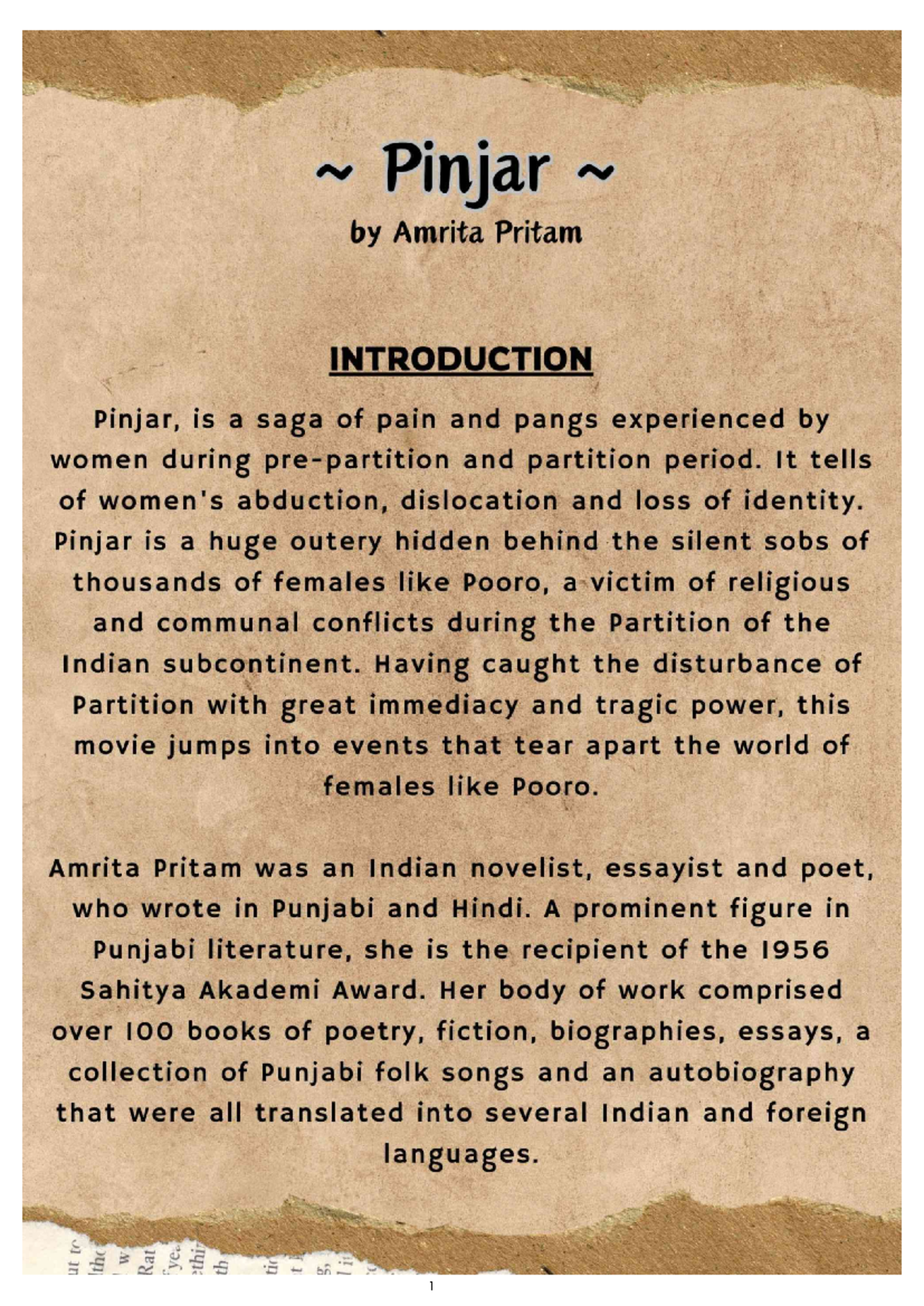 Kaagaz 20241116 155336155748 - Pinjar Amrita Pritam INTRODUCTION Pinjar ...