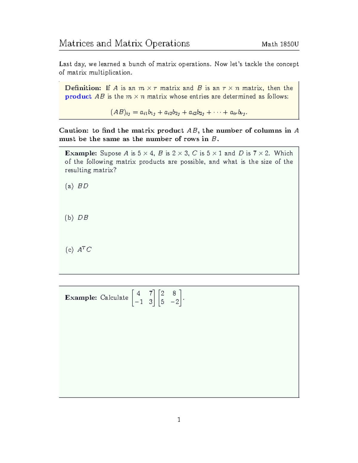 1850 Lecture 4 - Ruth lee - Matrices and Matrix Operations Math 1850U ...