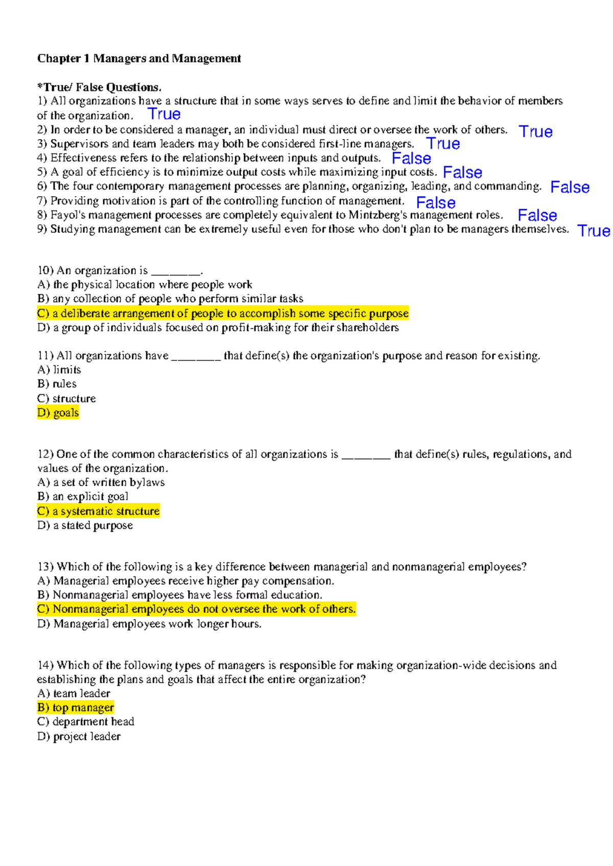 Chapter 1: Managers and Management - True/False Questions & Insights ...