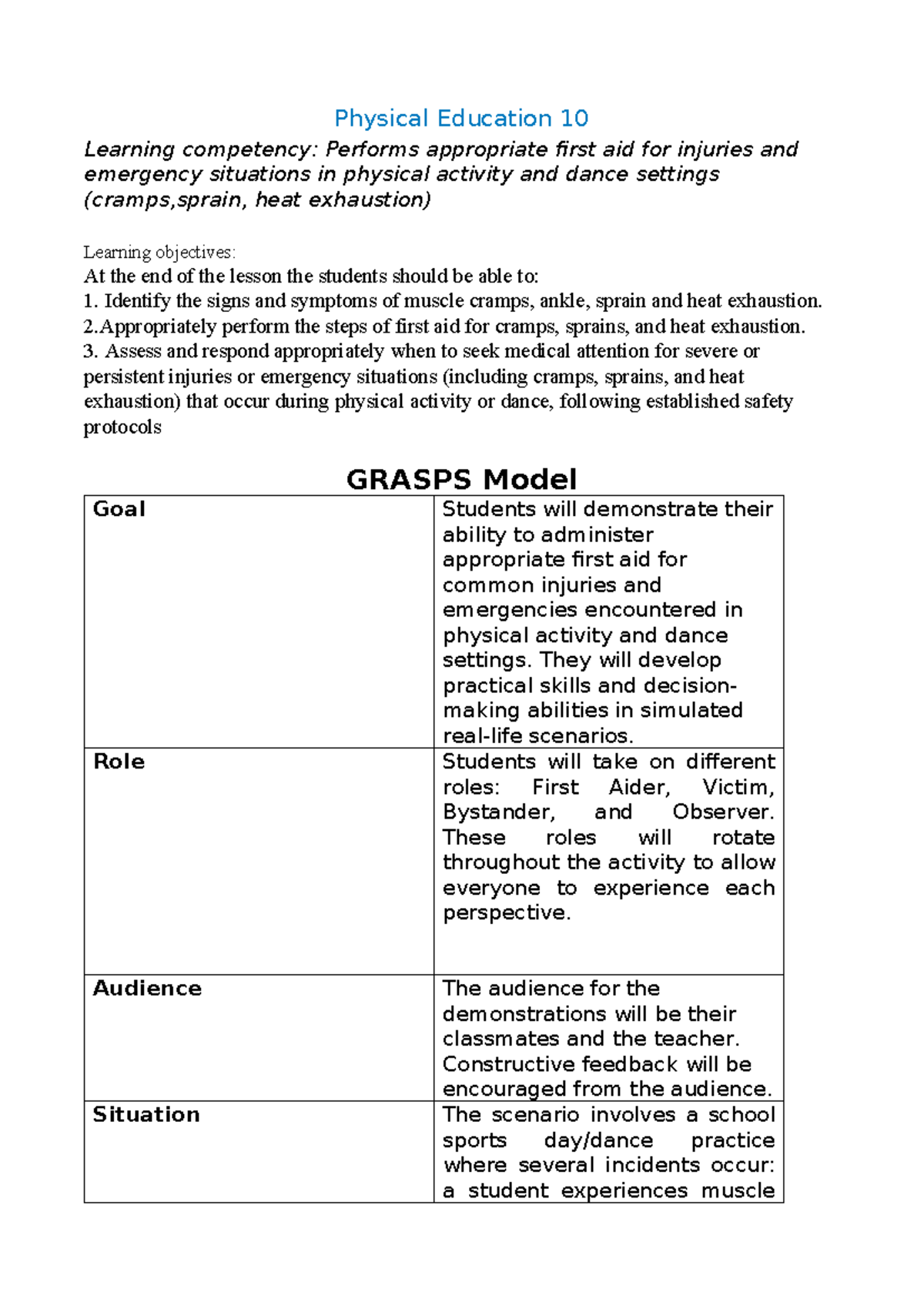PE10 - GRASPS Assessment for First Aid in Physical Activities - Studocu