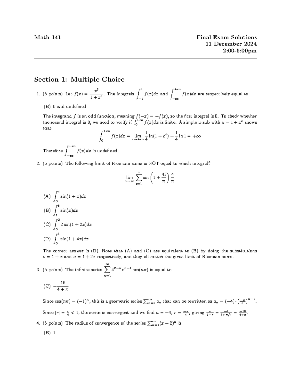 2024 Fall MATH 141 Final Exam Solution Summary and Analysis - Document Preview