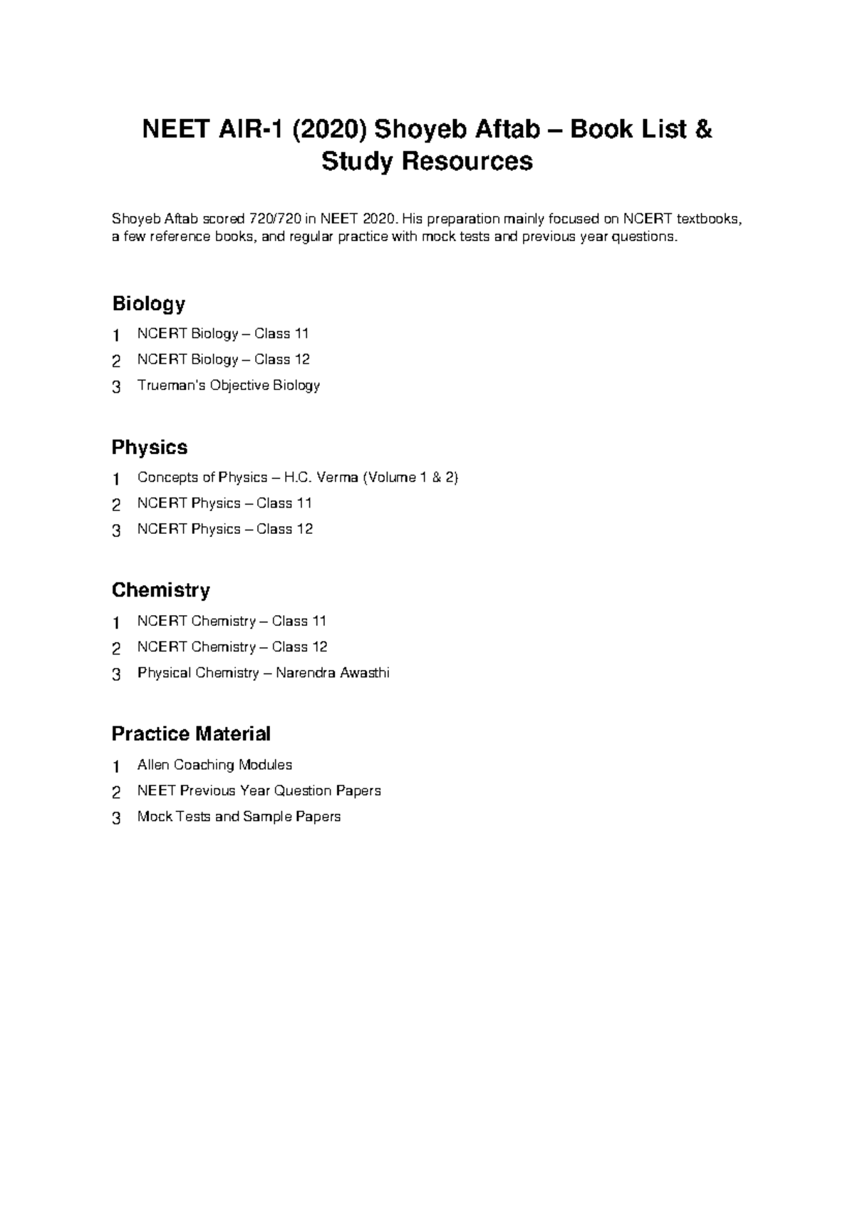 NEET 2020 Study Resources: Shoyeb Aftab's Book List - Studocu