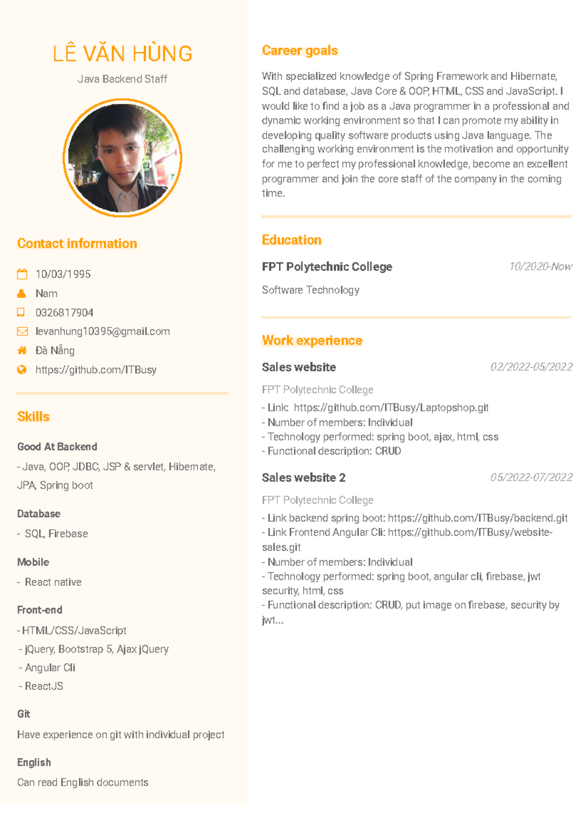 Java Backend Developer CV - Le Van Hung & Le Hoang Binh Minh - Studocu