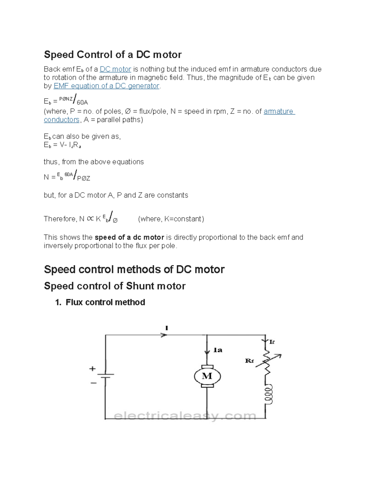 Speed Control of a DC motor - Thus, the magnitude of Eb can be given by ...
