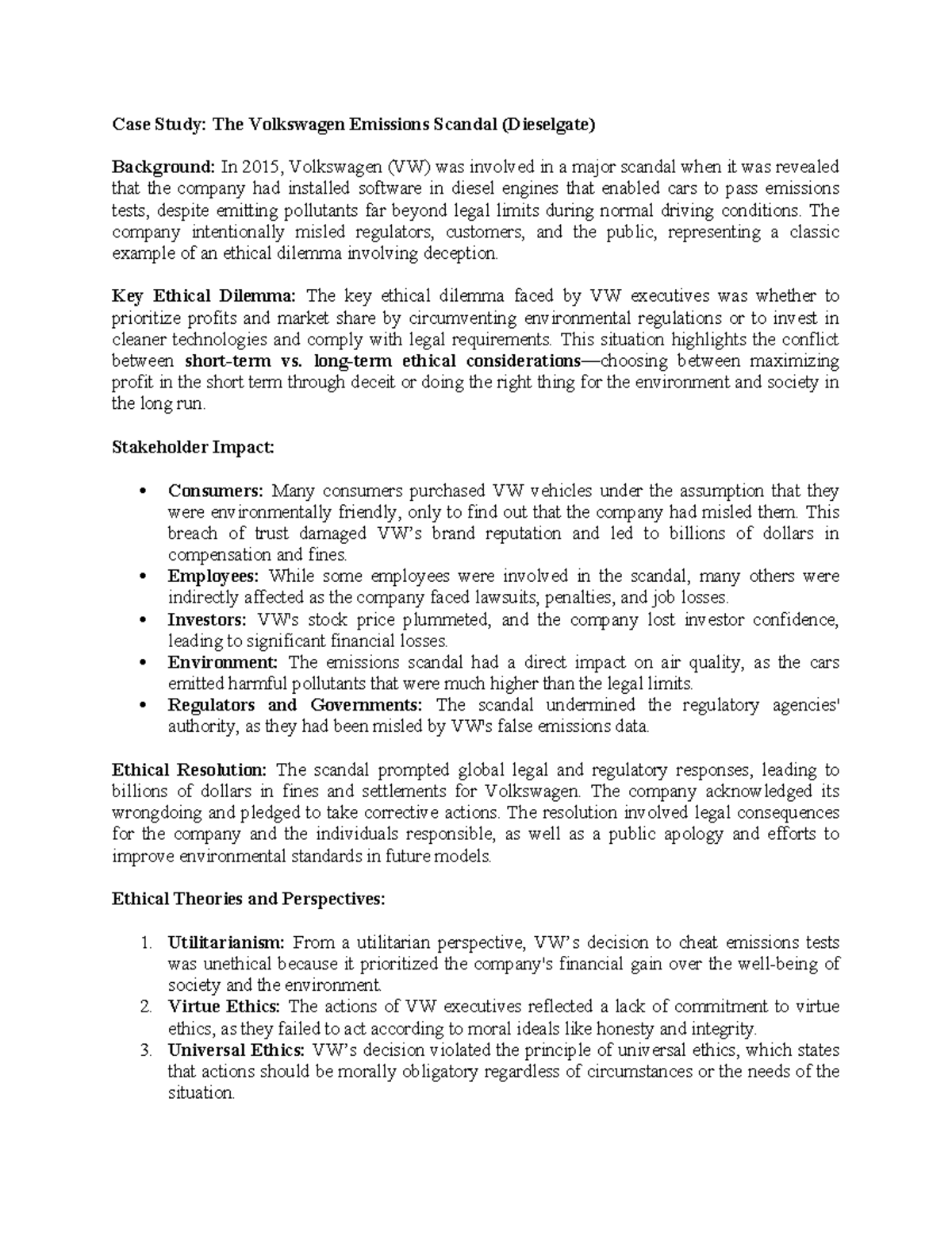 Case Study: Volkswagen Emissions Scandal Analysis - BE Chapter 1 - Studocu