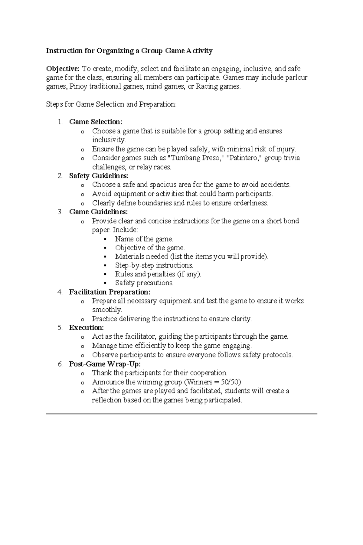 Games Guidelines and Rubrics for Group Activities (GAMES 101) - Studocu